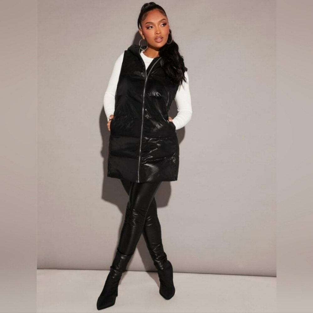 SHEIN SXY Zip-Up Hooded Puffer Vest Coat Black Size Large
